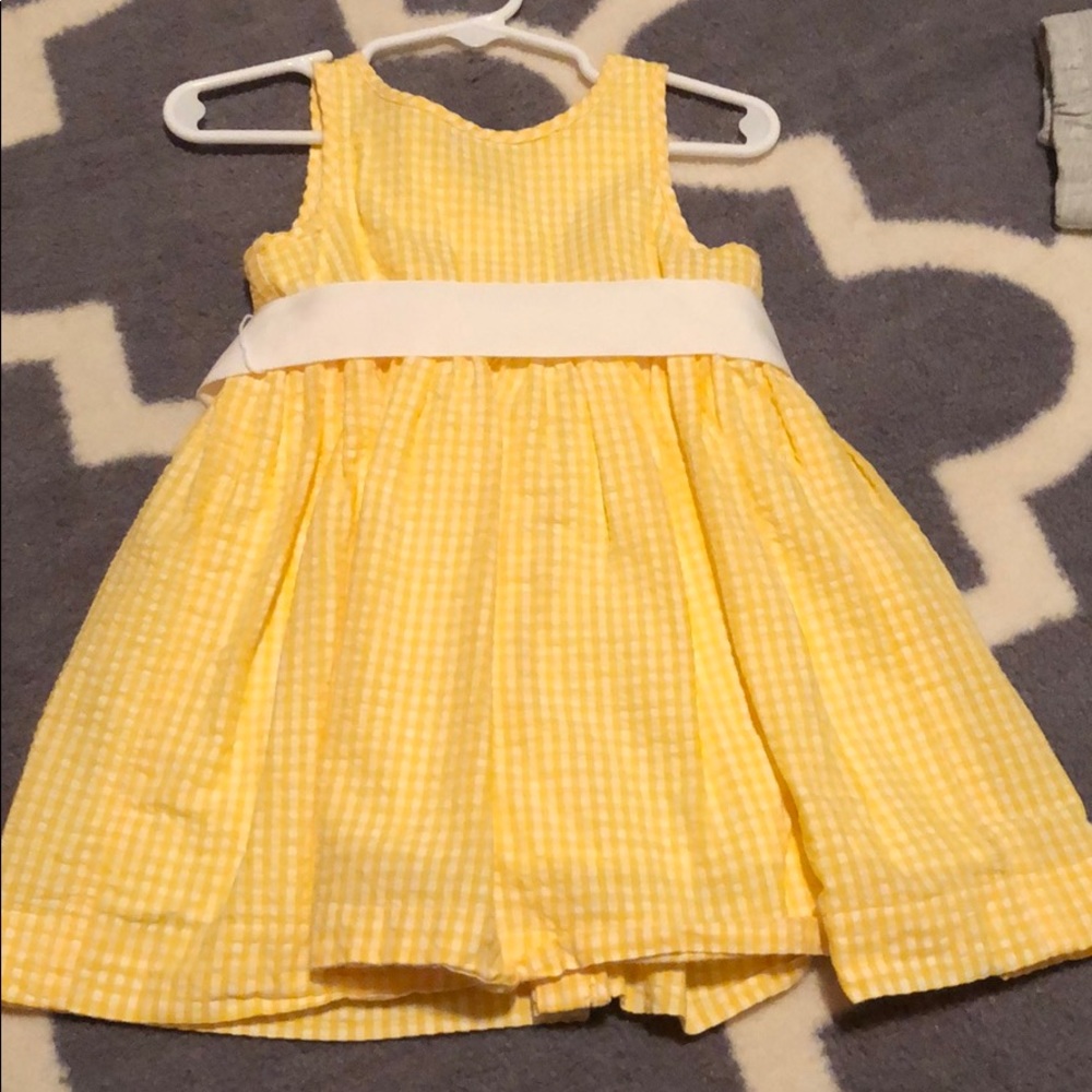 Yellow seersucker button back dress w/ sash